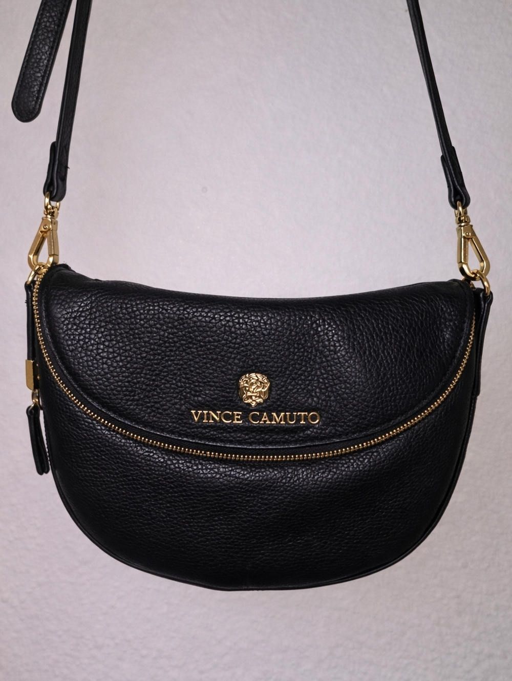 Vince Camuto Black Pebbled Leather Crescent Crossbody with Gold Hardware